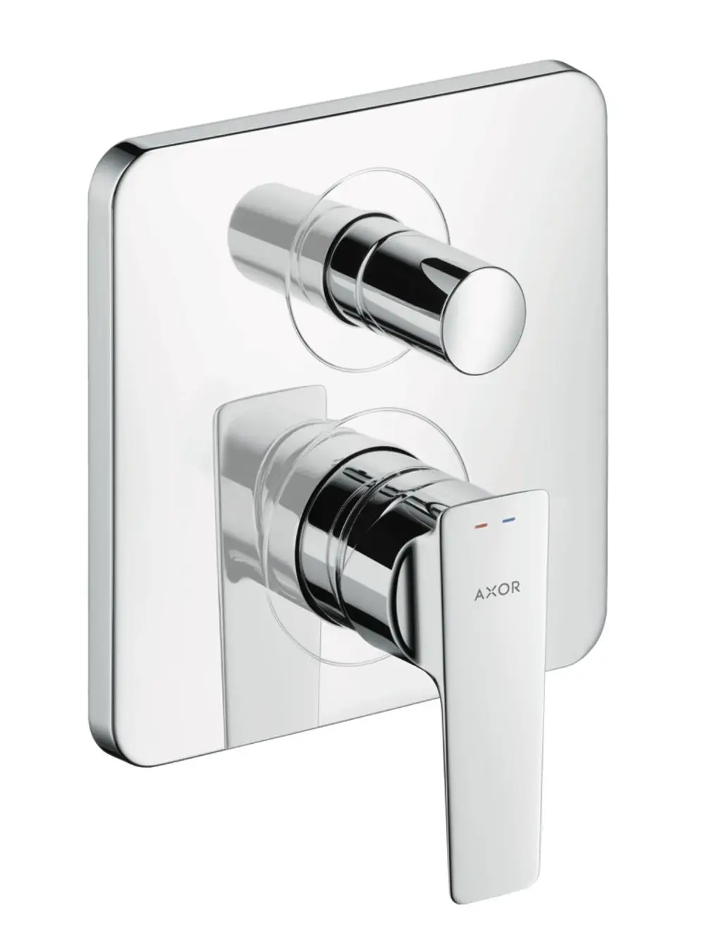 Wannenmischer aus verchromtem Material mit einer quadratischen Rückwand. Enthält zwei runde Regler und einen langen Hebel, produziert von AXOR.